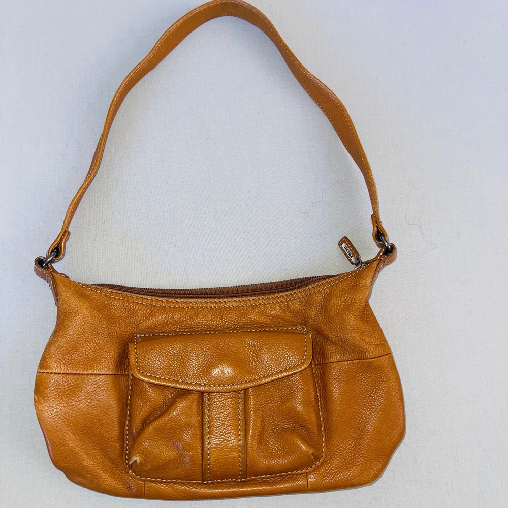 Fossil Pebbled Leather Shoulder Bag Cognac Brown Silver Hardware